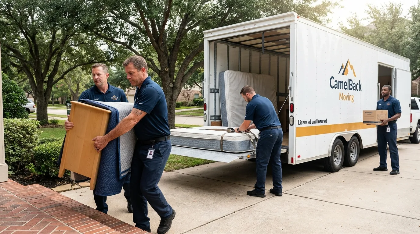 Crew loading residential truck for cross-state move from Mooreland, OK