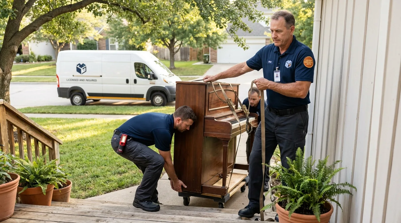 Licensed piano movers securing grand piano in Mooreland, OK