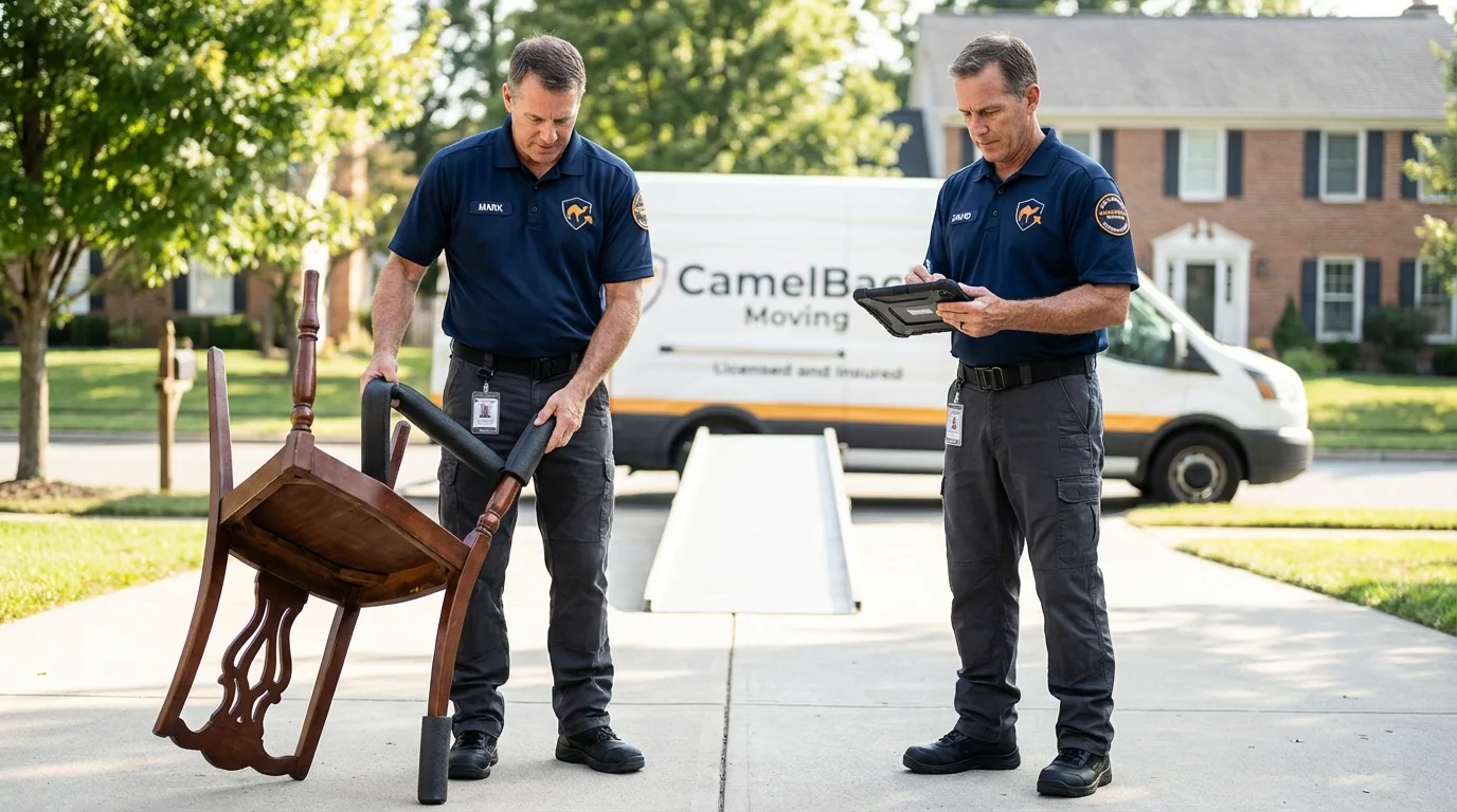 Movers inspecting furniture for damage prevention before loading in Mooreland, OK