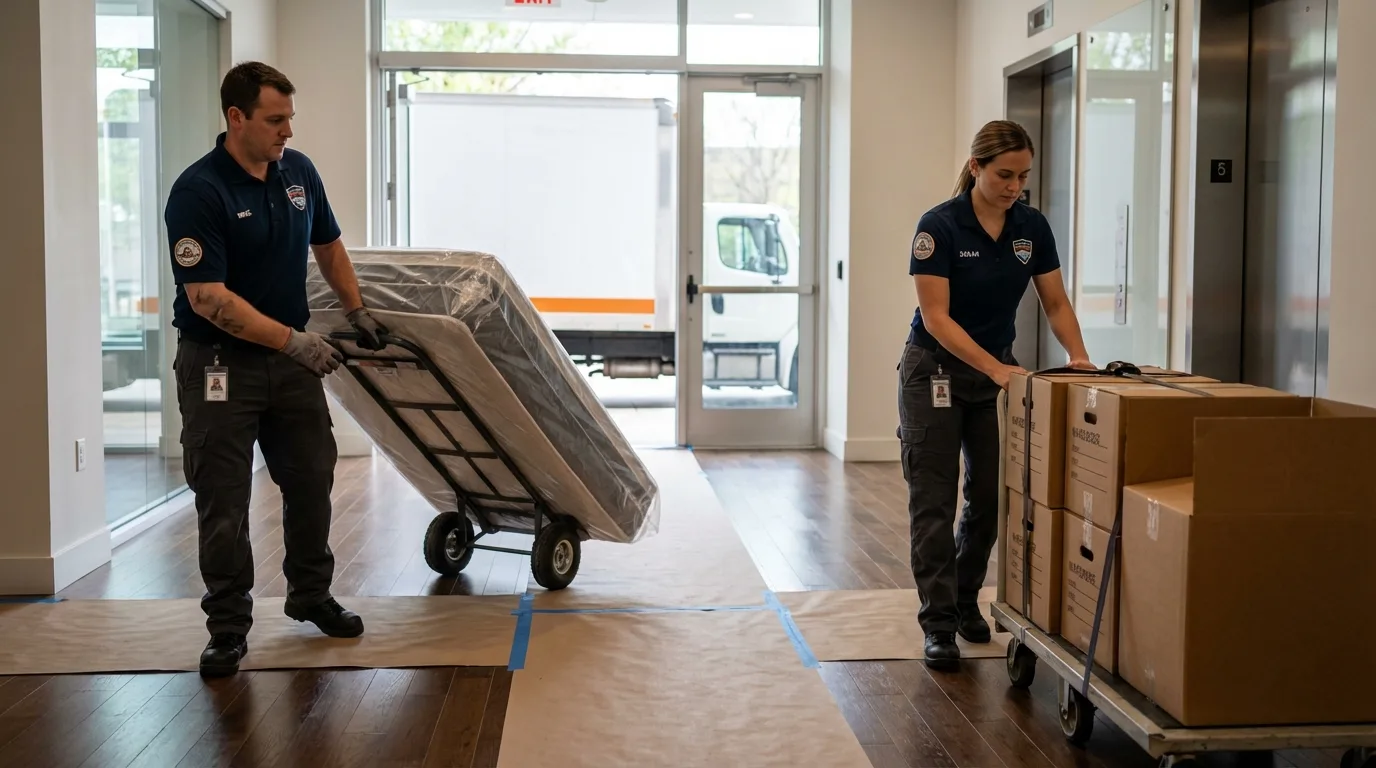 Professional apartment movers loading elevator in Mooreland, OK